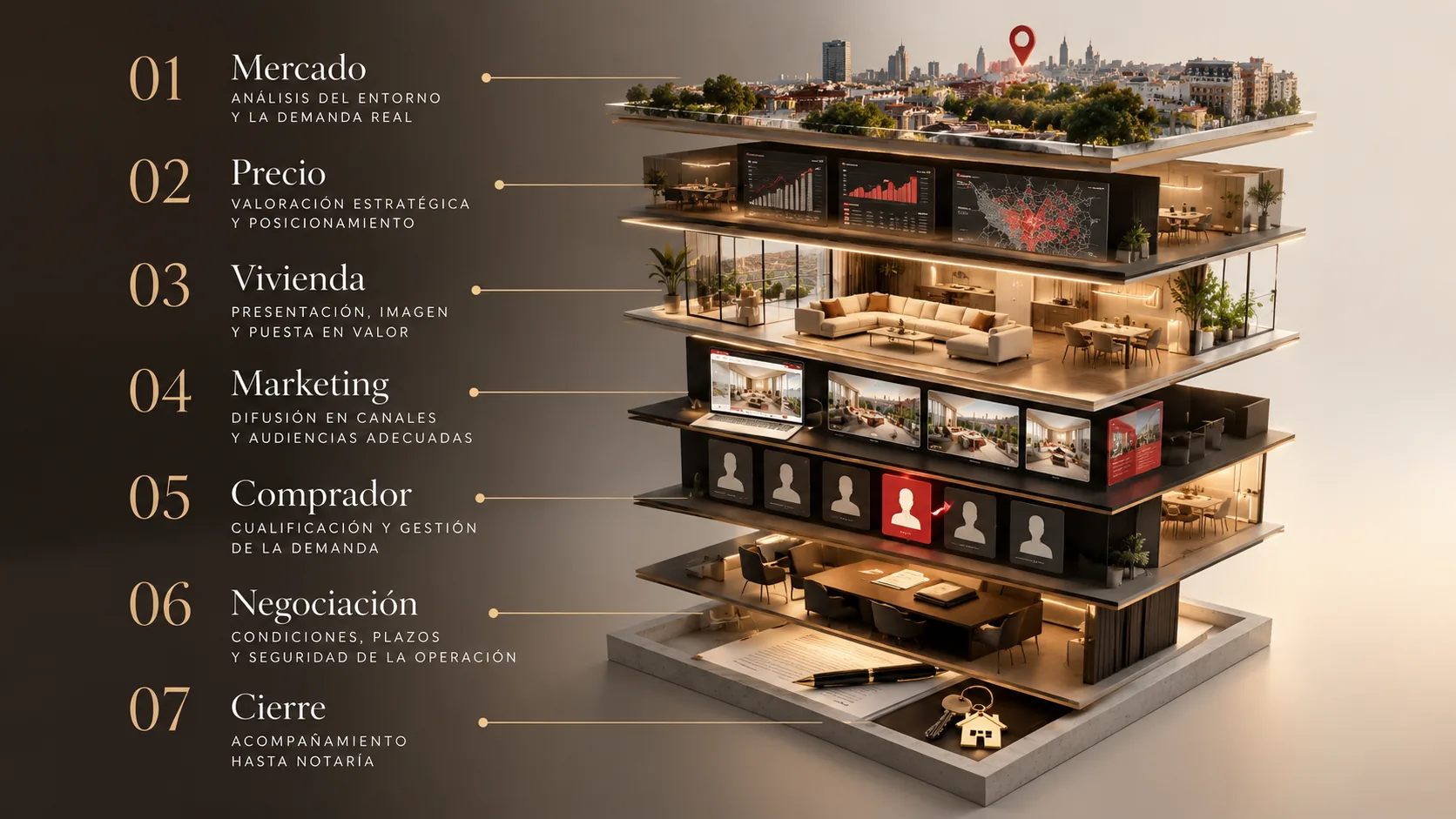 Infografía de las 7 capas de CMS Inmobiliaria para vender casa rápido en Madrid