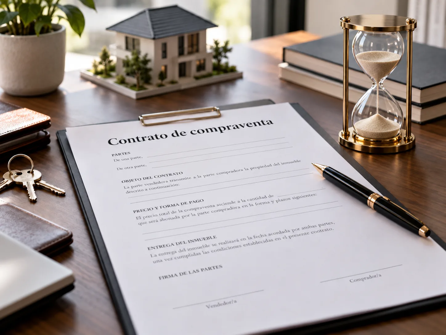 Contrato de compraventa y reloj de arena para representar una venta rápida de vivienda en Toledo