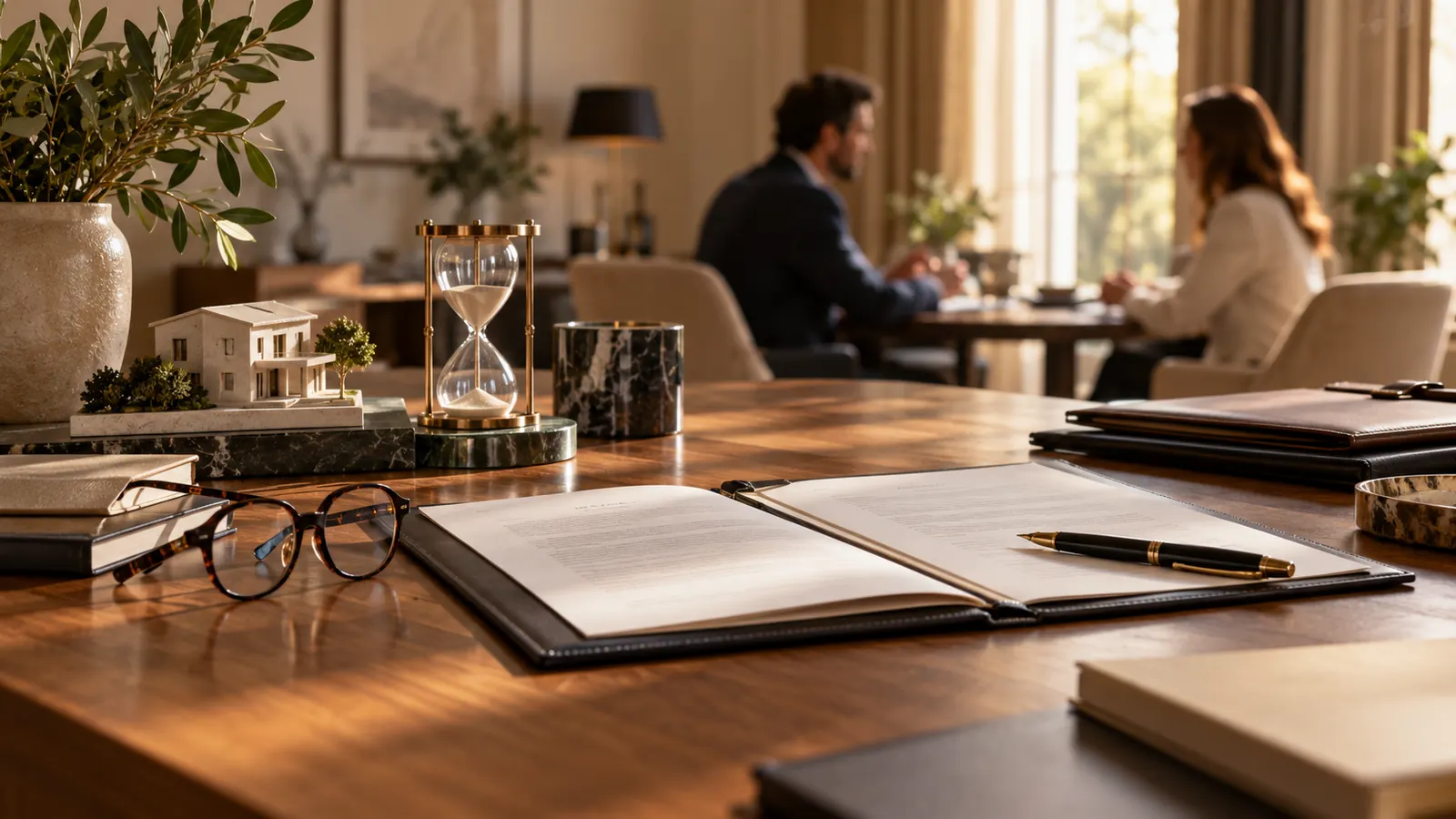 Documentación de compraventa sobre una mesa con reloj de arena y reunión inmobiliaria al fondo