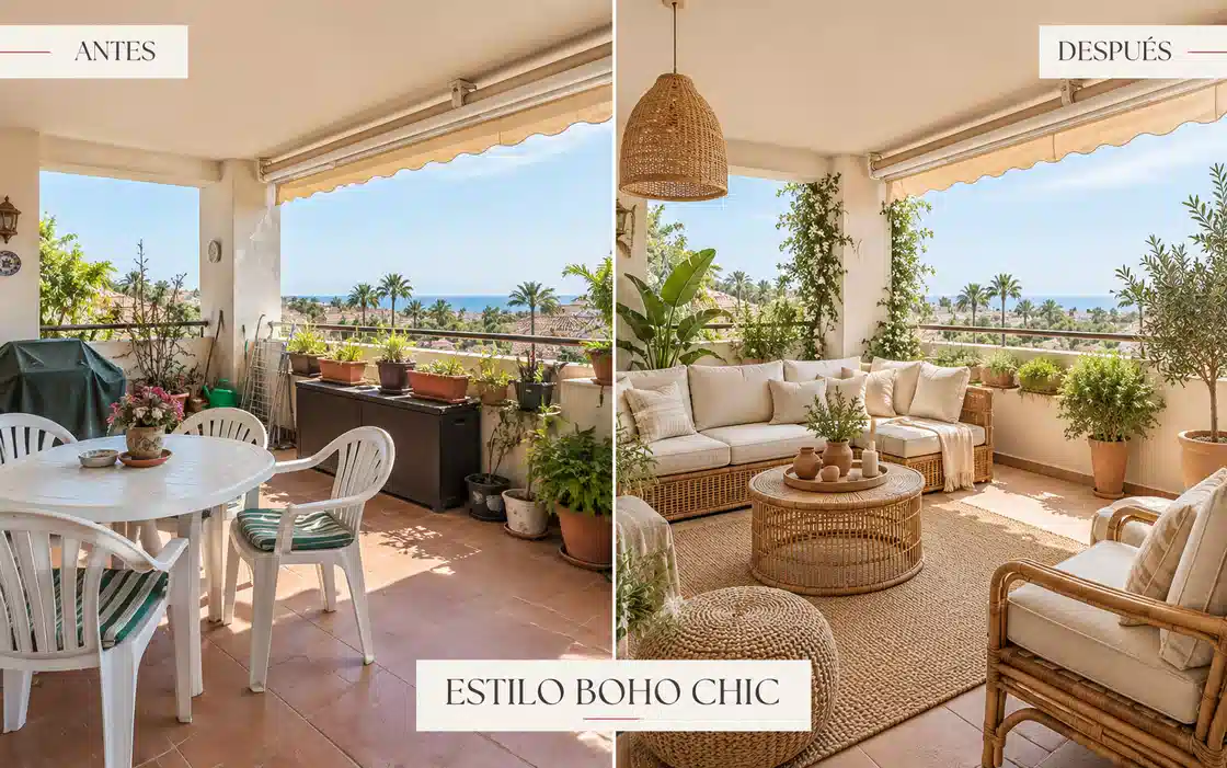 Antes y después de terraza con propuesta de relooking en estilo boho chic para marketing inmobiliario de CMS Inmobiliaria