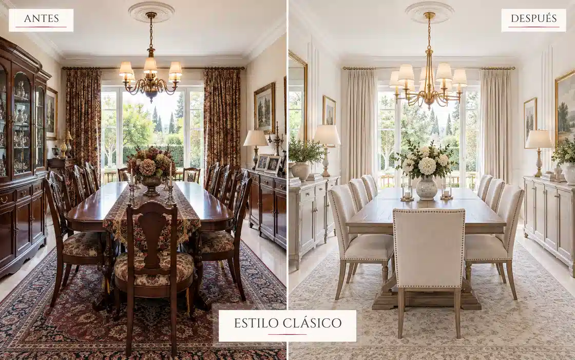 Antes y después de comedor con propuesta de relooking en estilo clásico para marketing inmobiliario de CMS Inmobiliaria
