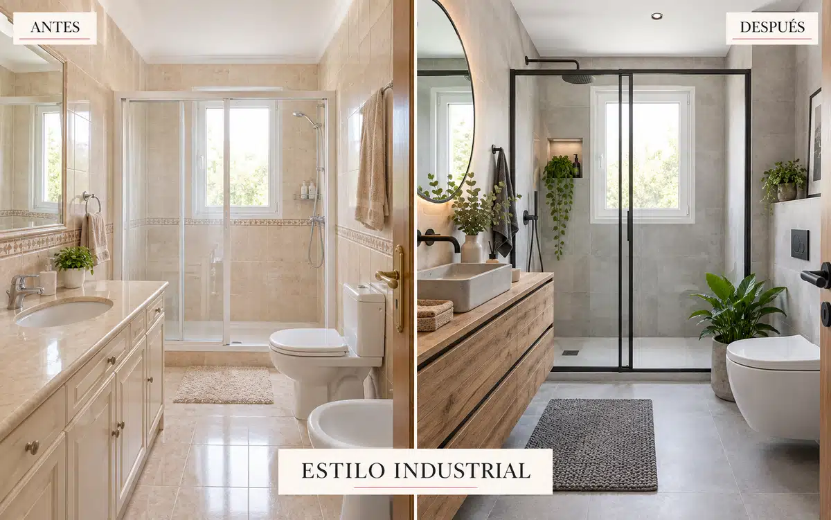 Antes y después de baño con propuesta de relooking en estilo industrial para marketing inmobiliario de CMS Inmobiliaria
