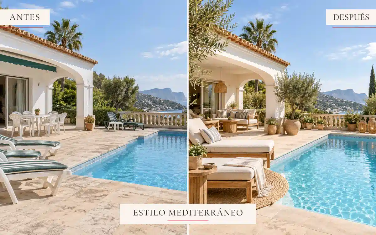 Antes y después de exterior con piscina y propuesta de relooking en estilo mediterráneo para marketing inmobiliario de CMS Inmobiliaria