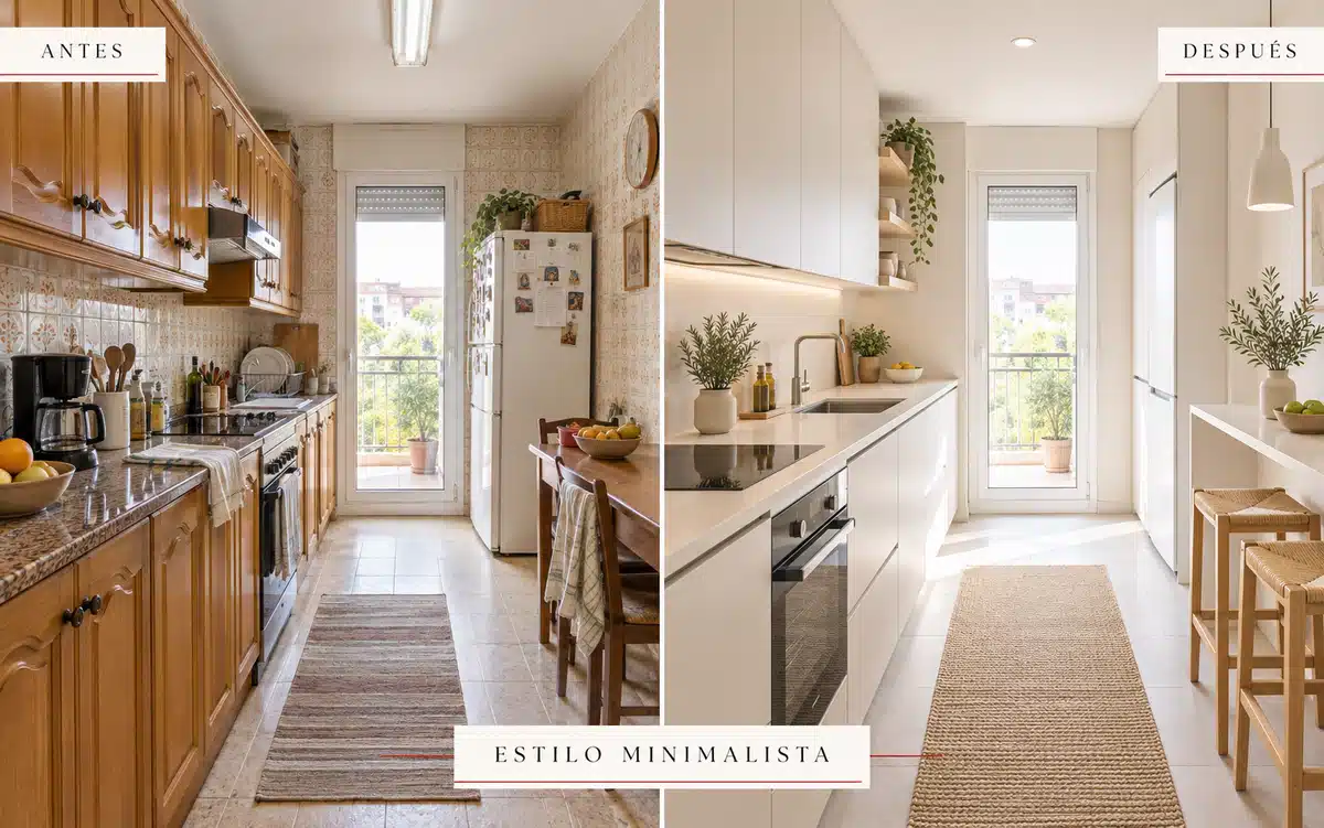 Antes y después de cocina con propuesta de relooking en estilo minimalista para marketing inmobiliario de CMS Inmobiliaria