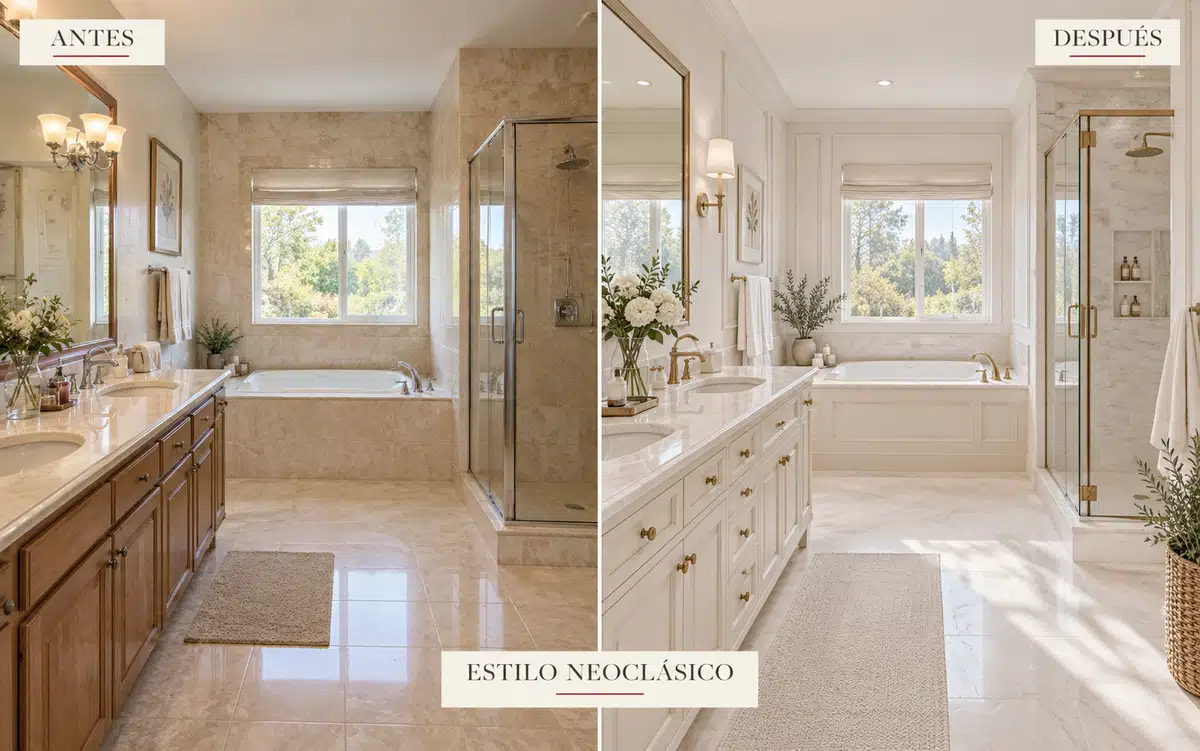 Antes y después de baño con propuesta de relooking en estilo neoclásico para marketing inmobiliario de CMS Inmobiliaria