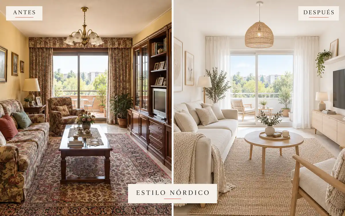 Antes y después de salón con propuesta de relooking en estilo nórdico para marketing inmobiliario de CMS Inmobiliaria