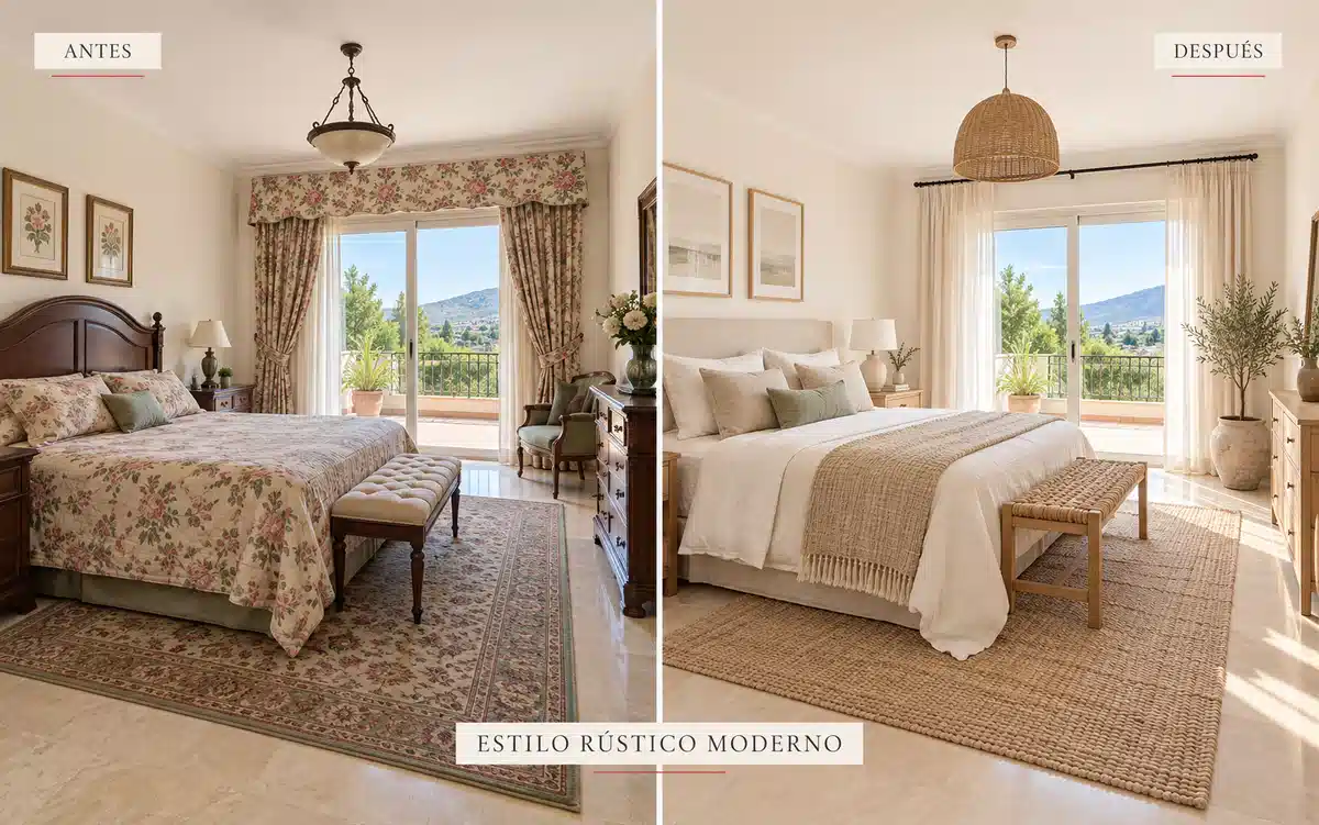 Antes y después de dormitorio con propuesta de relooking en estilo rústico moderno para marketing inmobiliario de CMS Inmobiliaria