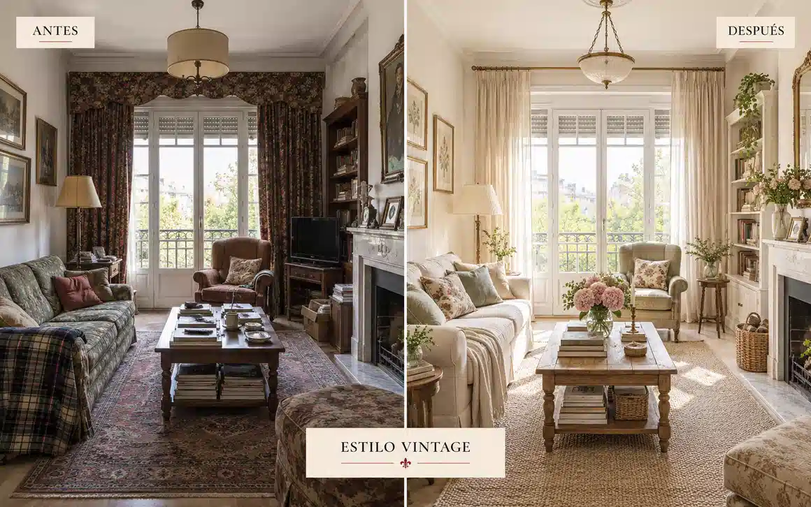 Antes y después de salón con propuesta de relooking en estilo vintage para marketing inmobiliario de CMS Inmobiliaria