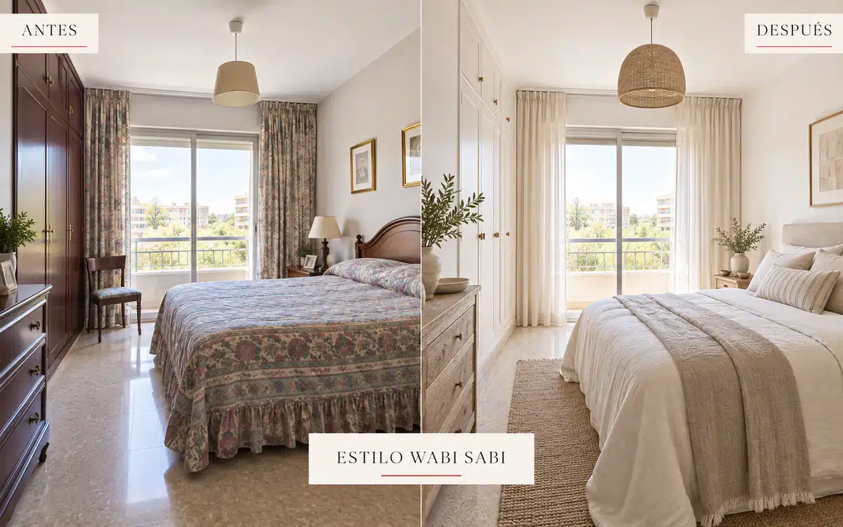 Antes y después de dormitorio con propuesta de relooking en estilo wabi sabi para marketing inmobiliario de CMS Inmobiliaria