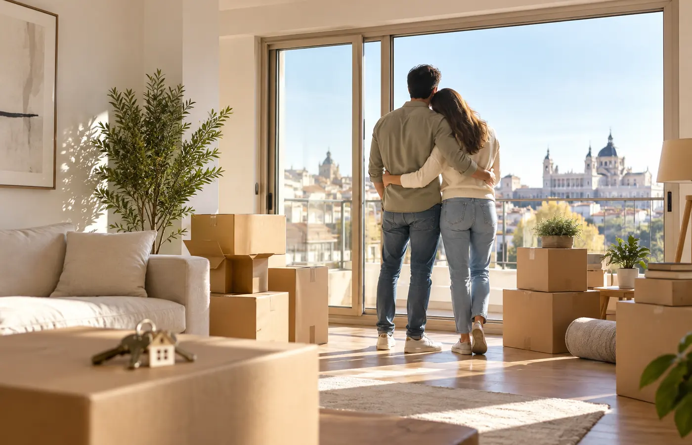 Pareja preparando el cambio de vivienda para vender su propiedad actual y comprar una nueva
