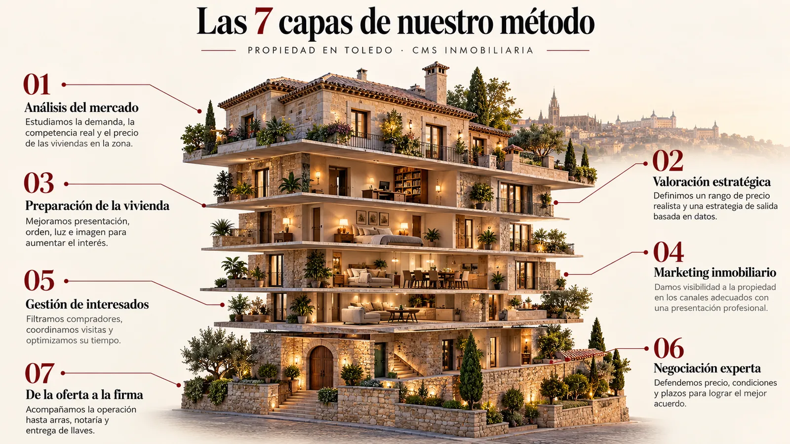 Infografía de una propiedad de Toledo seccionada en 7 capas con el método CMS de análisis, valoración, preparación, marketing, gestión de compradores, negociación y cierre