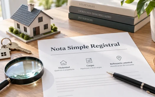 Nota simple registral de una vivienda con información sobre titularidad, cargas y referencia catastral