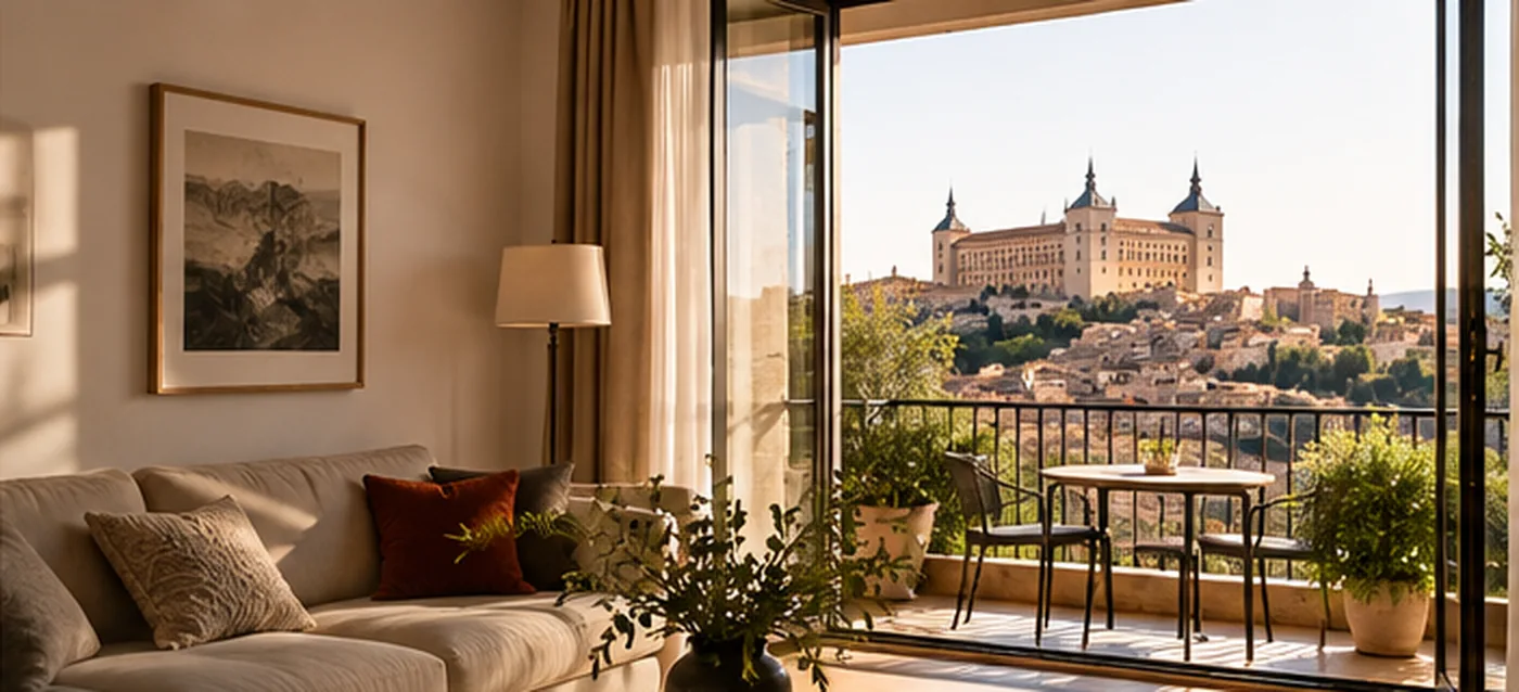 Salón luminoso de vivienda con vistas a Toledo preparado para su comercialización